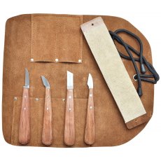 4-Piece Chip Carving Set with Leather Strop in a Leather Tool Roll with Rosewood Handles