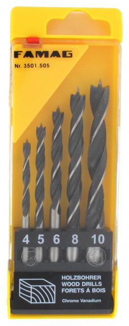 Famag Famag Brad point drill bit, CV steel, set of 5 pcs 4,5,6,8,10mm in plastic box