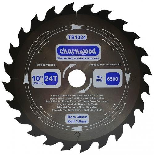 Charnwood Charnwood Tungsten Carbide Tipped (TCT) Table Saw Blade 250mm x 30mm Bore Laser Cut SK5 Steel 3.0K