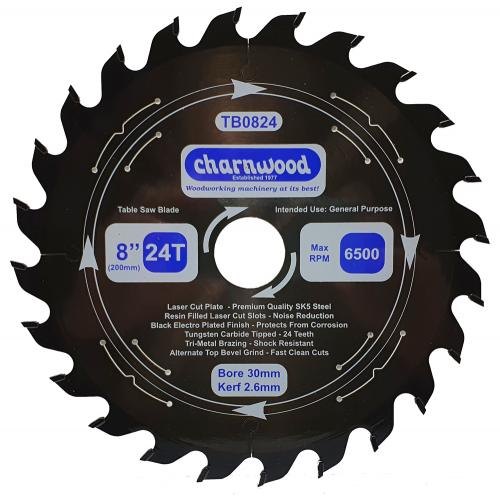 Charnwood Charnwood Tungsten Carbide Tipped (TCT) Table Saw Blade 200mm x 30mm Bore Laser Cut SK5 Steel 2.6K