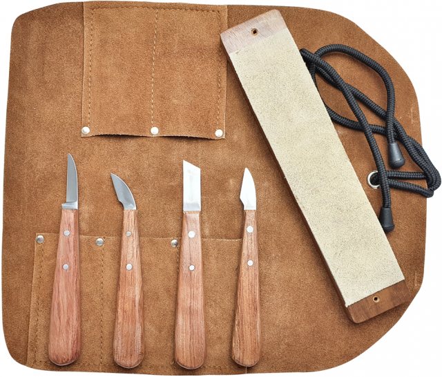 Charnwood 4-Piece Chip Carving Set with Leather Strop in a Leather Tool Roll with Rosewood Handles