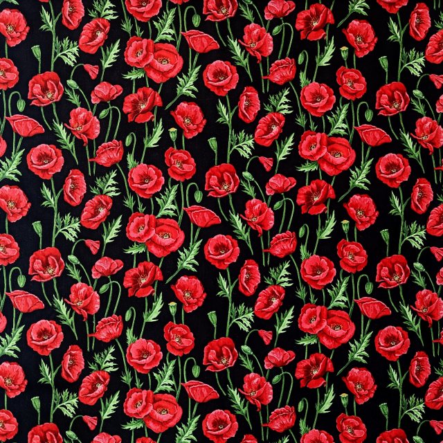 Yandles Poppies on Black Cotton Fabric