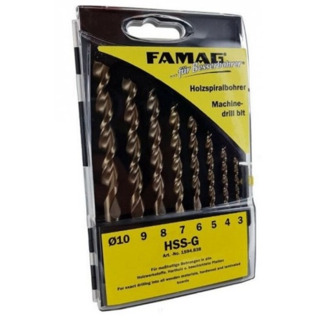 Famag Brad point drill bit, HSS-G, set of 8 pcs 3-4-5-6-7-8-9-10 mm, in plastic box