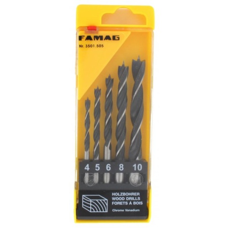 Famag Brad point drill bit, CV steel, set of 5 pcs 4,5,6,8,10mm in plastic box