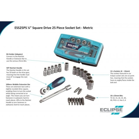 Spear 7 Jackson Eclipse Professional Tools ESS25PS ¼” 25pc Square Drive Socket Set (Metric)
