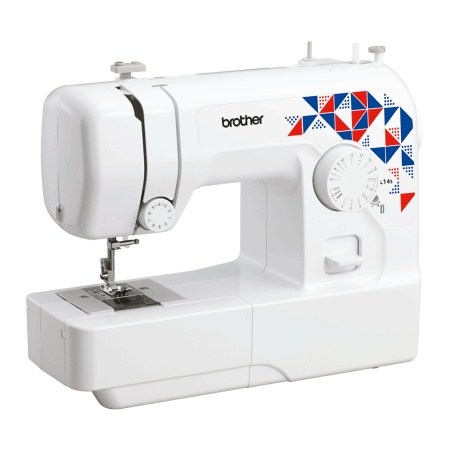 Side view of a white sewing machine with blue and red geometric triangle pattern.