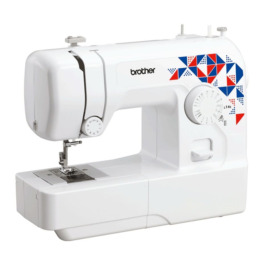 Side view of a white sewing machine with blue and red geometric triangle pattern.