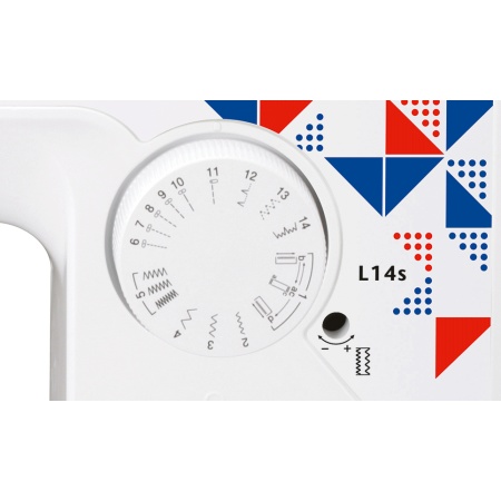 White plastic sewing machine stitch selection dial, with blue and red triangle pattern surrounding