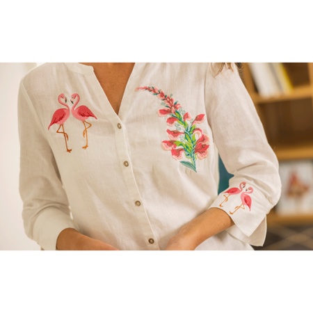 An embroidered shirt created with the Brother Stellaire XE2