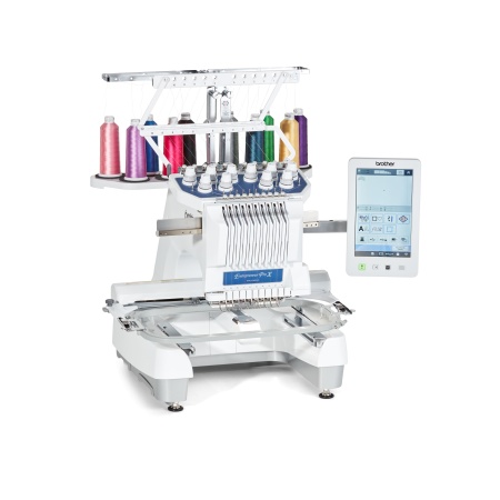 Brother PR1055X embroidery machine set up with 10 spools of colourful threads ready top embroider.