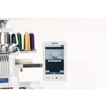 Control panel of the Brother PR1055X embroidery machine.