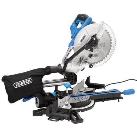 230V Sliding Compound Mitre Saw, 255mm, 1800W with Laser Guide, Work Clamp & Extension Wings