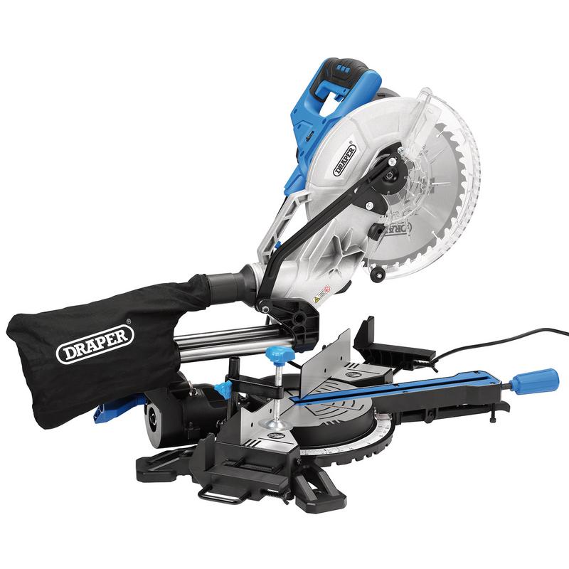 230V Sliding Compound Mitre Saw, 255mm, 1800W with Laser Guide, Work Clamp & Extension Wings