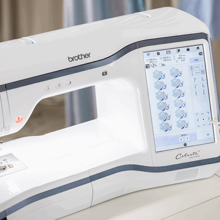 Brother Celeste CX1E embroiery machine user with stylus working display
