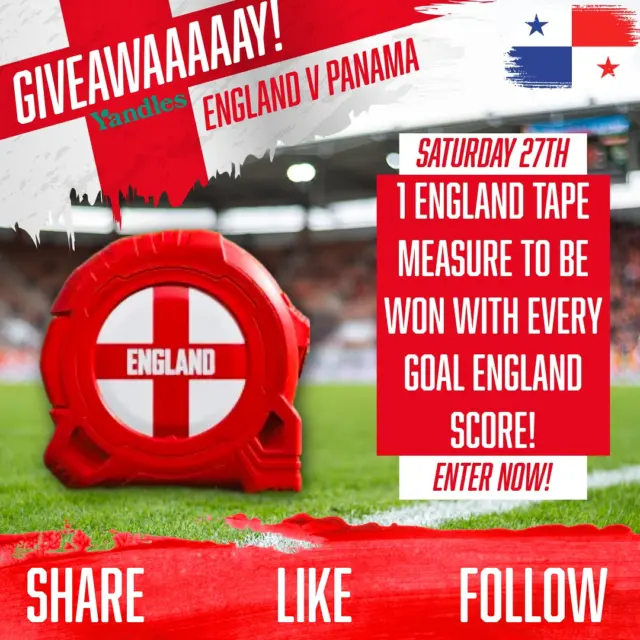 🏴󠁧󠁢󠁥󠁮󠁧󠁿 It’s Giveaway Time! 🏴󠁧󠁢󠁥󠁮󠁧󠁿

We are giving away 1 England tape measure for every goal England score in Saturdays England V Panama game! To be in with a chance to win -

🏆- LIKE this post!
⚽️ - SHARE this post and TAG US!
🏴󠁧󠁢󠁥󠁮󠁧󠁿- FOLLOW this page!

Entires close at 10pm Saturday the 27th of June. Winners will be picked at random Tuesday the 30th of June and will be contacted via social media.

Entries must be 18+. UK residents only.

T&C’s apply. For more information about entry stipulations please visit - https://www.yandles.co.uk/news/england-tape-giveaway/

#worldcup2026 #englandfootball #england #woodworking #woodturning #giveaway